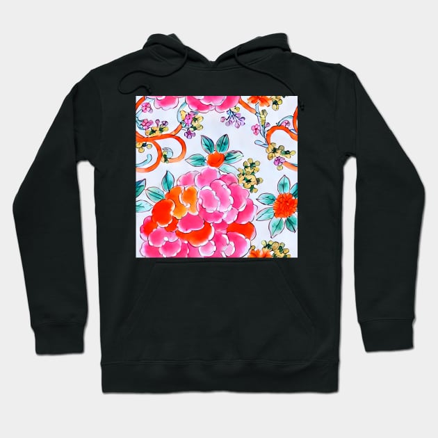 Pink and orange chinoiserie roses and leaves seamless pattern Hoodie by SophieClimaArt